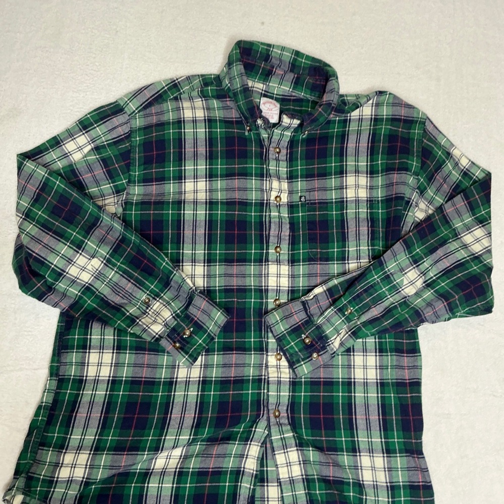 Brooks Brothers Plaid Button Down Shirt Men's Sz L Green Navy Regular Fit Cotton - Picture 2 of 7